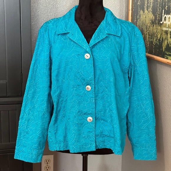 Chico's Jackets & Blazers - Chico's Button Front Jacket Women Size 3 Teal Blue Embroidered Cotton Stretch